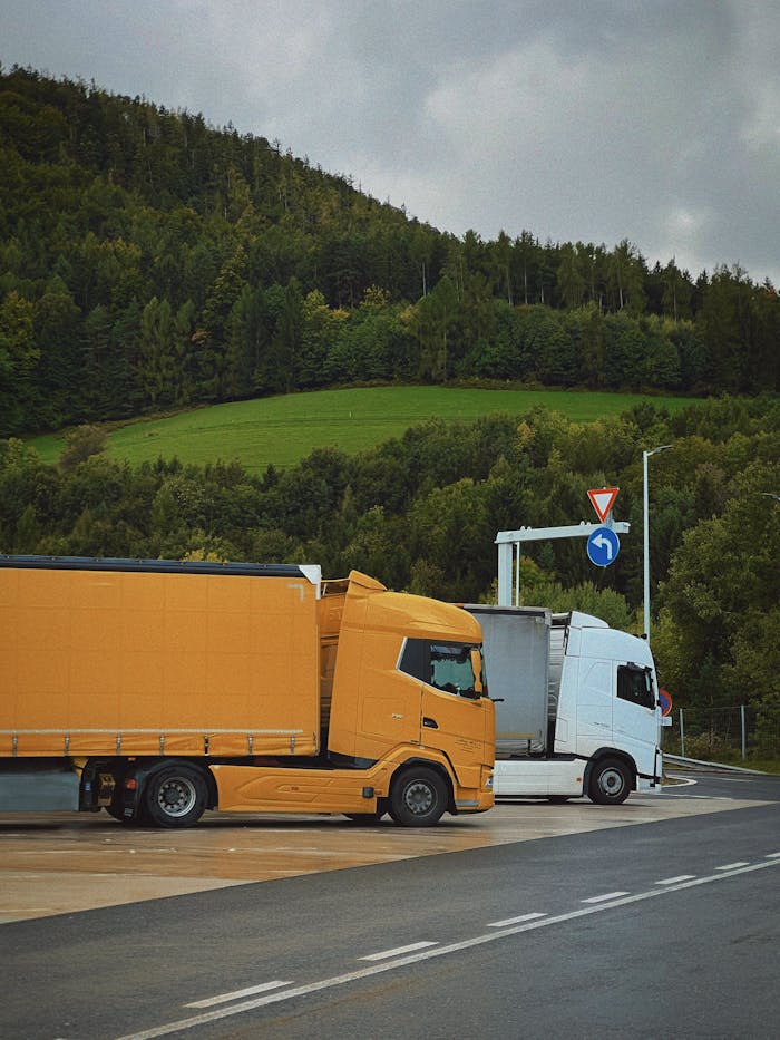 Yellow and white trucks parked at a scenic mountain rest stop under cloudy skies.